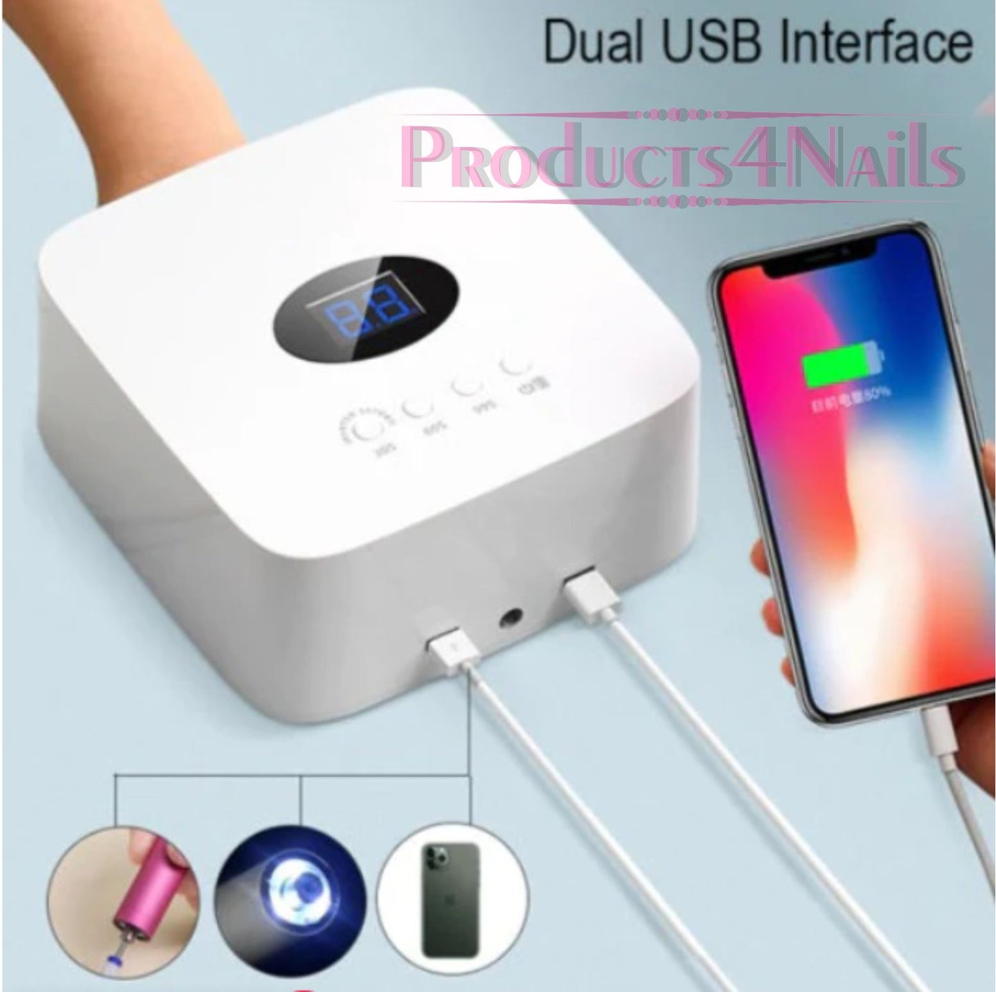 SUN S50 Cordless 54W UV.LED UV Nail Lamp - 2-in-1 with 9600mAh USB Cordless UV Nail Curling Dryer Lamp with Power Bank Function
