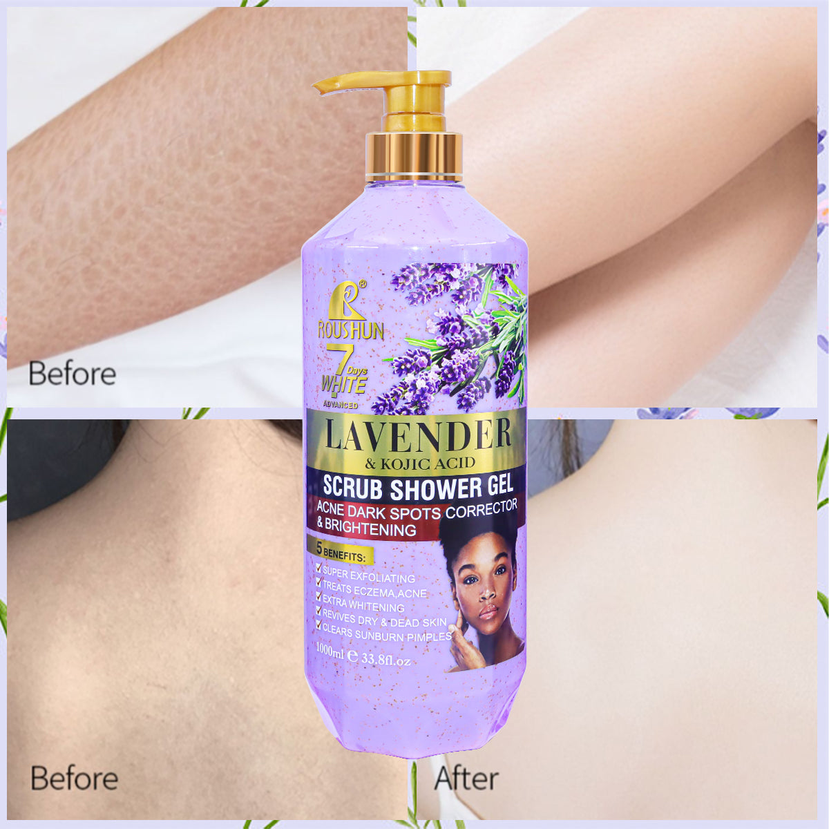 Roushun Scrub Shower Gel LAVENDER & KOJIC ACID 1000ml - RS-30816