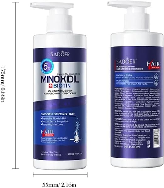 SADOER 5% Minoxidil Biotin Hair Growth Conditioner, 5% Formula with Biotin, Repair and Nourish Treatment, Prevents Hair Loss, Smooth Strong Hair, 300ml