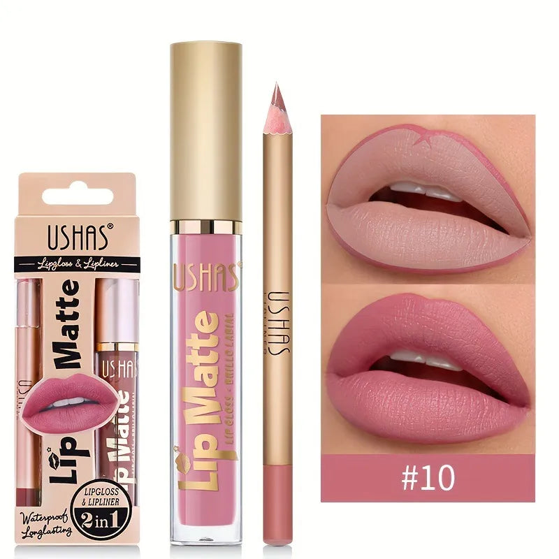 USHAS Lip Matte LipGloss & Lipliner Waterproof Long Lasting 2 in 1, ITEM NO: CS424B