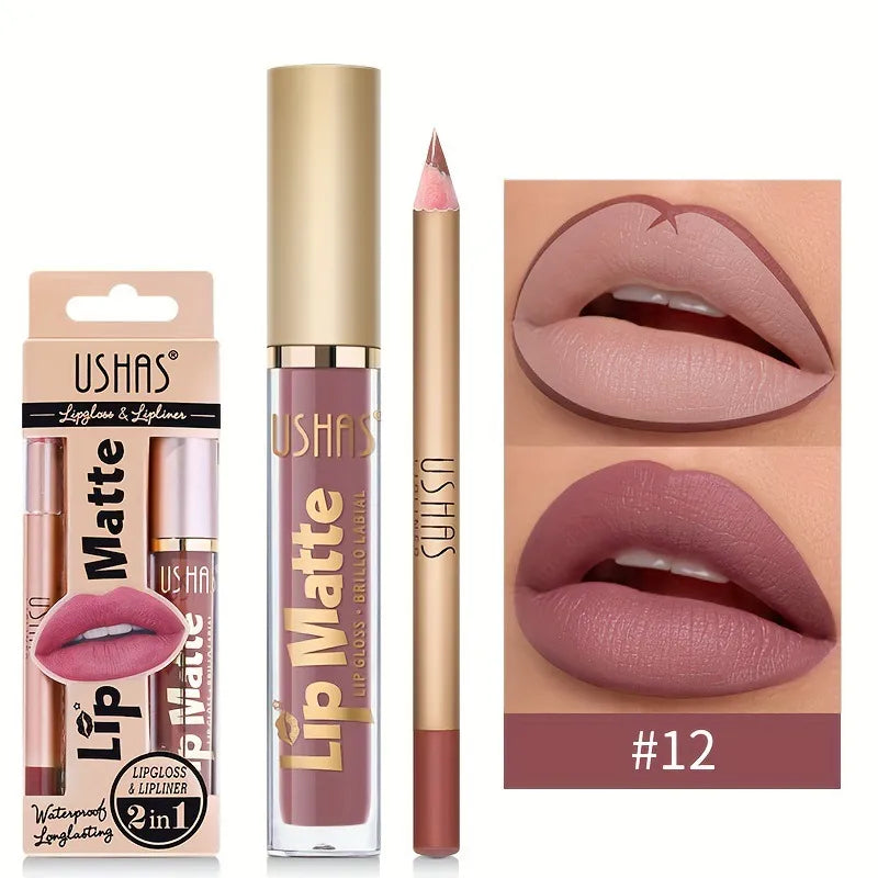 USHAS Lip Matte LipGloss & Lipliner Waterproof Long Lasting 2 in 1, ITEM NO: CS424B