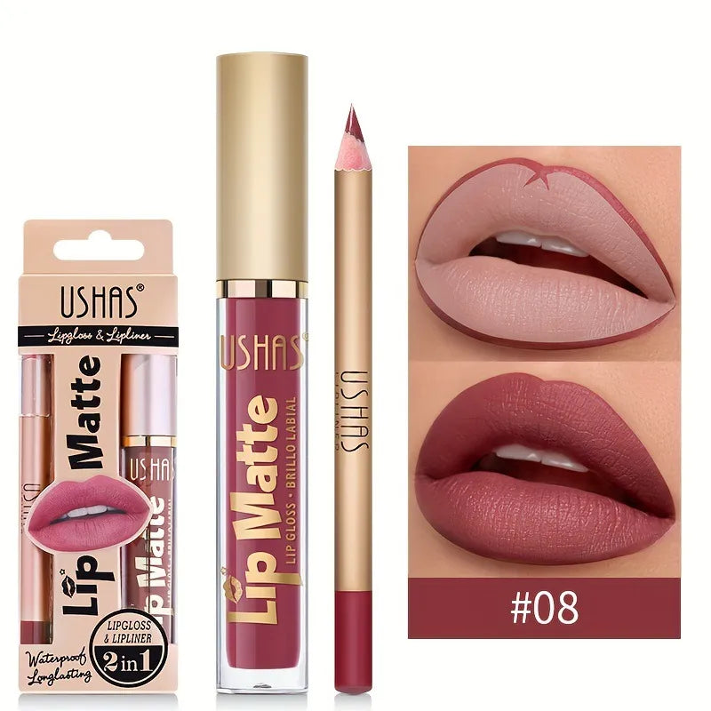 USHAS Lip Matte LipGloss & Lipliner Waterproof Long Lasting 2 in 1, ITEM NO: CS424B