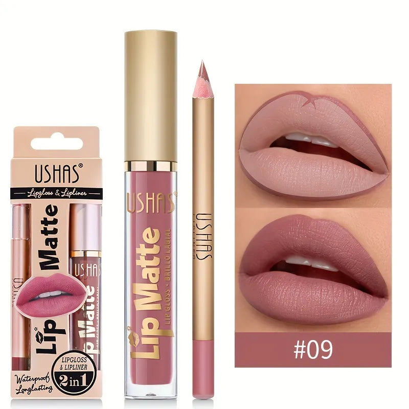 USHAS Lip Matte LipGloss & Lipliner Waterproof Long Lasting 2 in 1, ITEM NO: CS424B