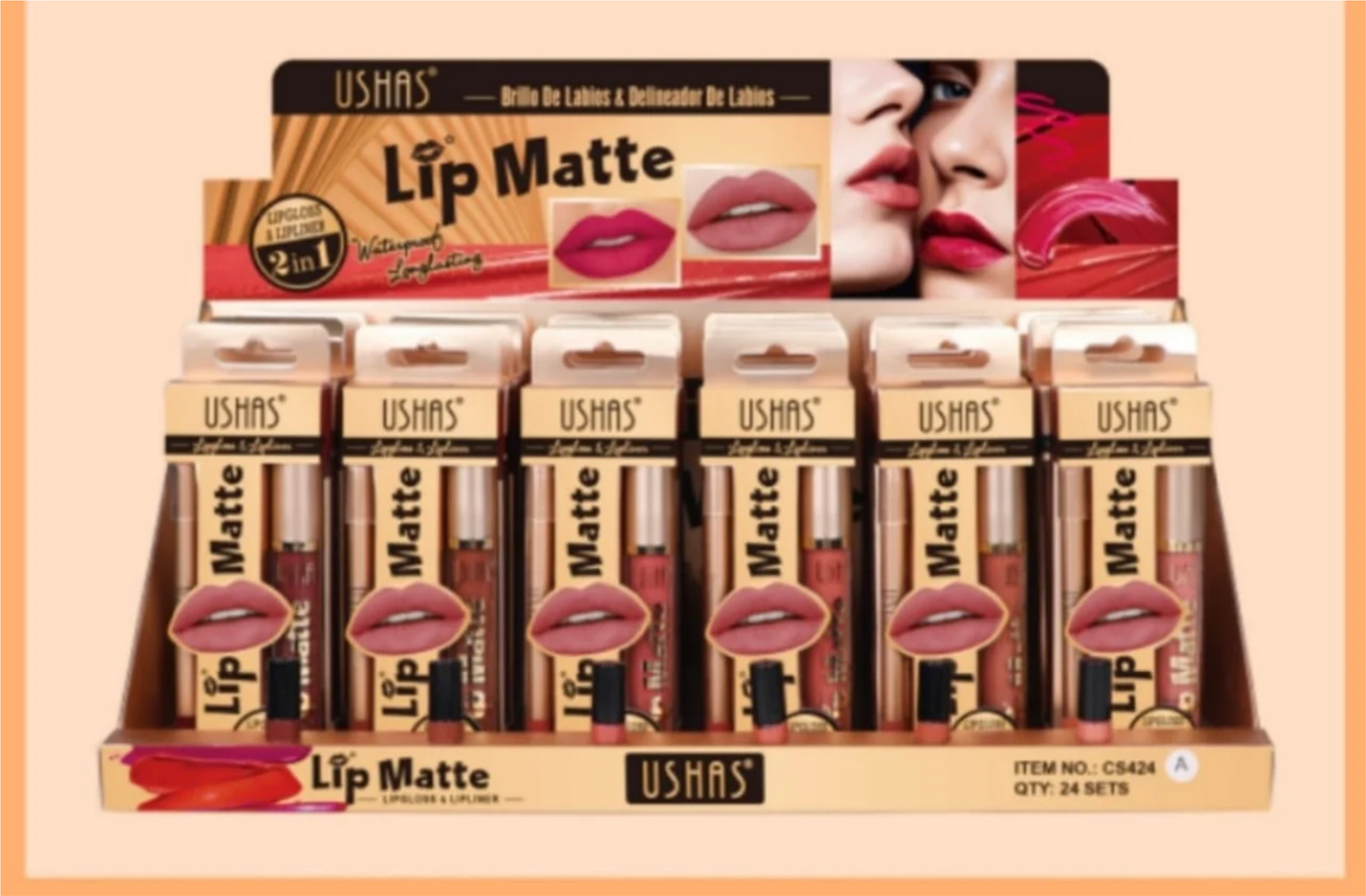 USHAS Lip Matte LipGloss & Lipliner Waterproof Long Lasting 2 in 1, ITEM NO: CS424A