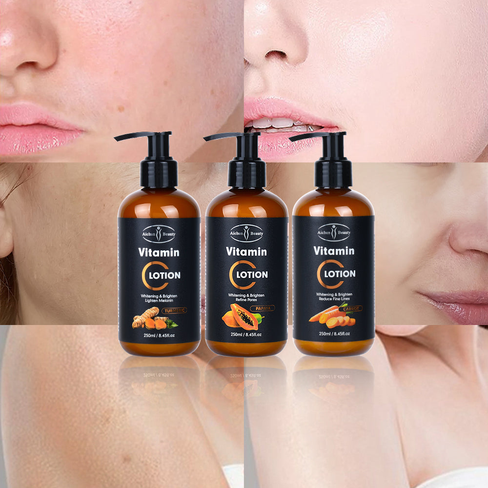 Aichun Beauty Vitamin C & Turmeric Essential Lotion (250ml) brightens and moisturizes dark skin tones for a radiant, healthy glow.