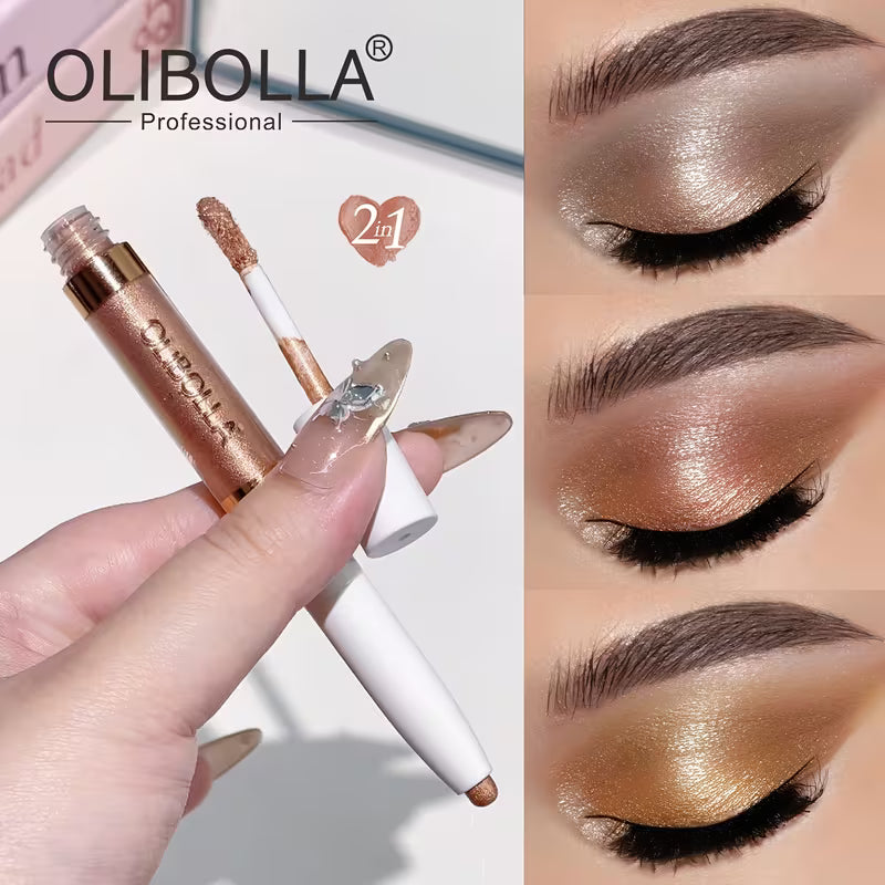 OLIBOLLA 2-in-1 Dual-Ended Eyeshadow Stick, Cream & Liquid Shimmer Eyeshadow Pen, Waterproof Long-Lasting Pearlescent Eye Makeup 22 g