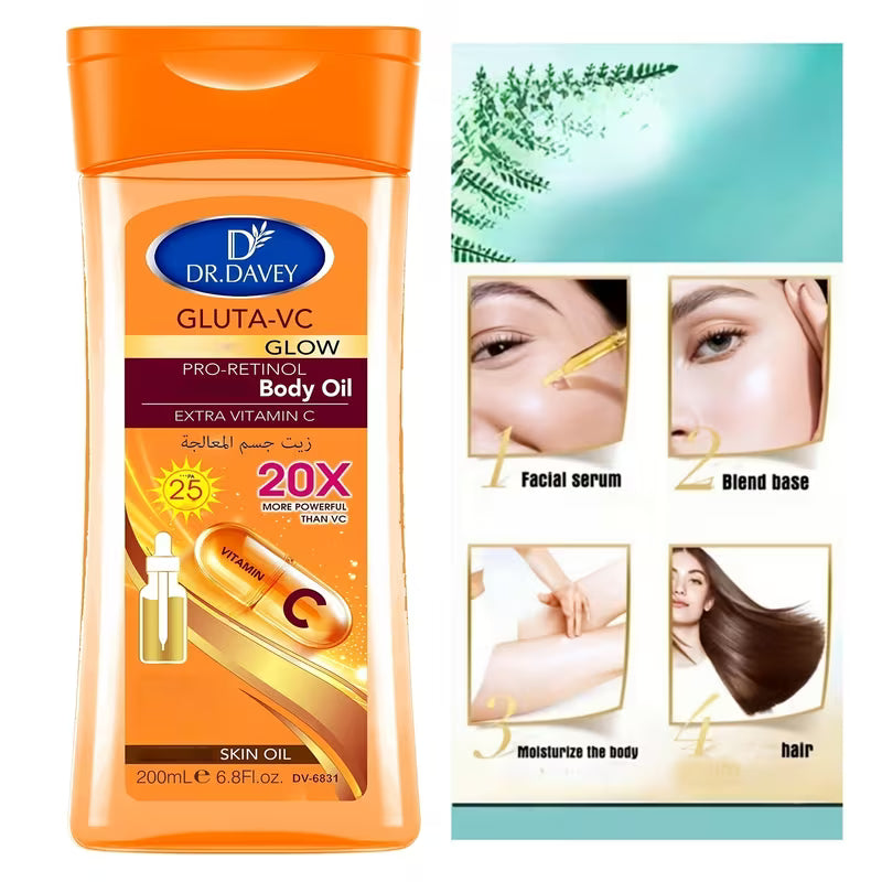DR.DAVEY GLUTA-VC BODY OIL Extra Vitamin C 200ml - Moisturizing Skin Care Oil for Body, Face, Hand, Lip, Eye, Travel 200ml