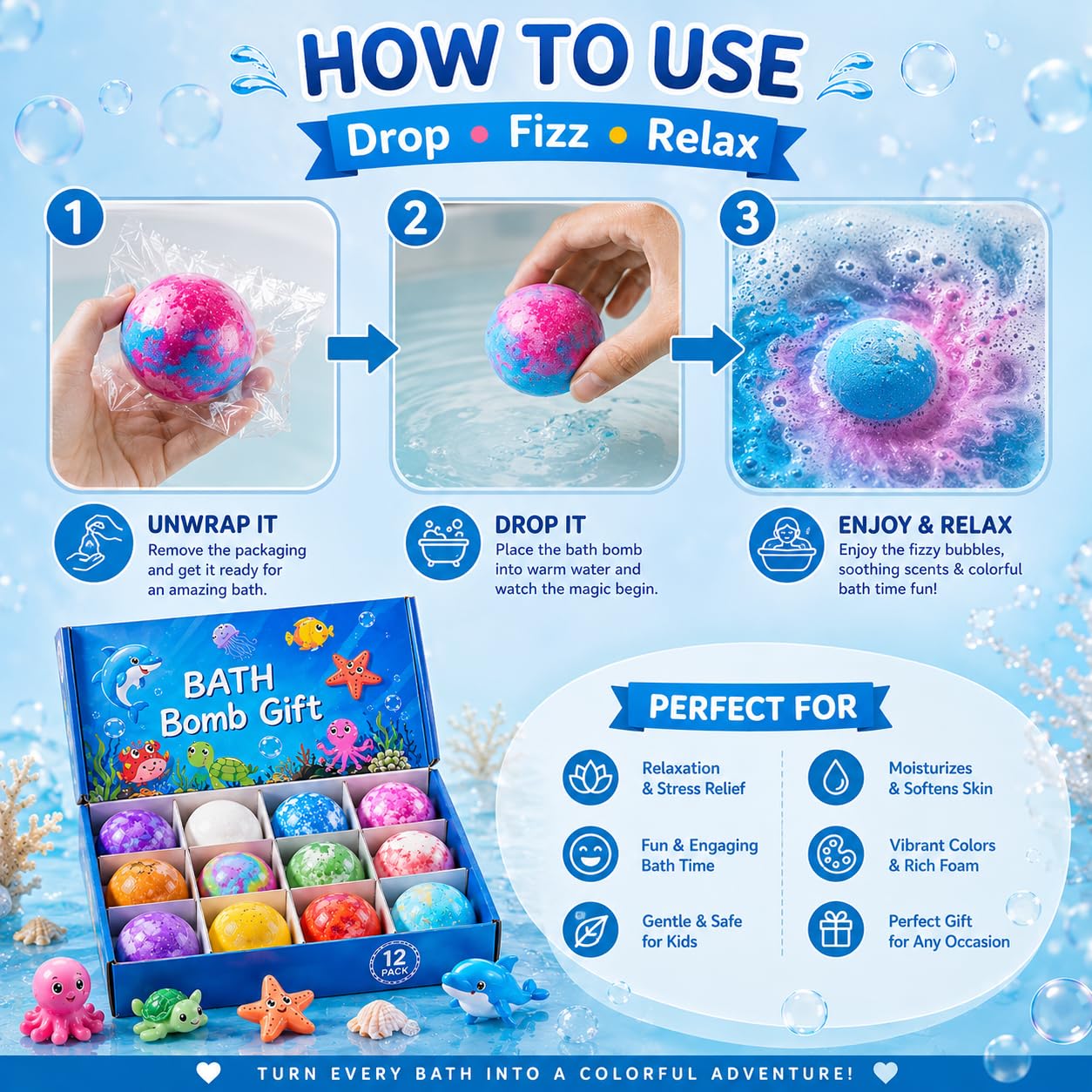 Children’s Bath Bombs Set Bath Gift with Hidden Toys 60g - Safe Ocean Bubble Bath Perfect for Sensory Play Bath time Fun