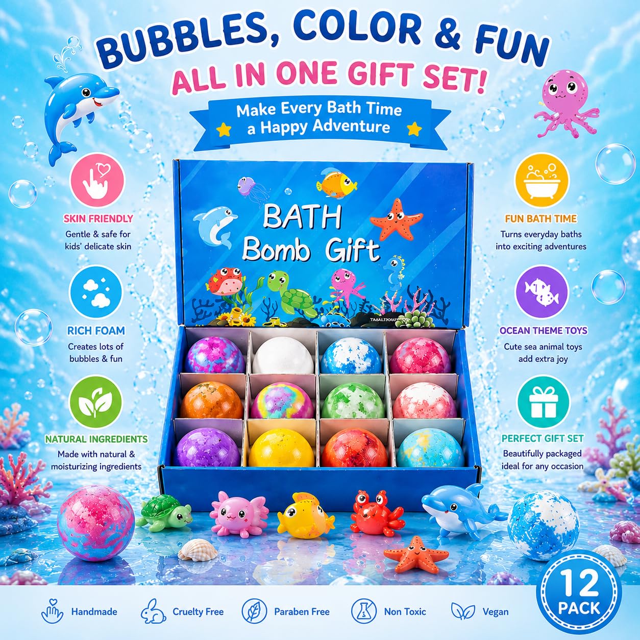 Children’s Bath Bombs Set Bath Gift with Hidden Toys 60g - Safe Ocean Bubble Bath Perfect for Sensory Play Bath time Fun