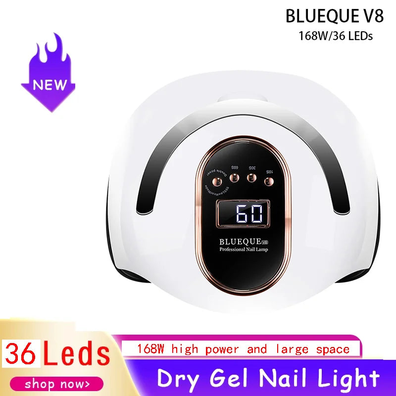 BLUEQUE V8 168W Nail Lamp Quick Drying 42 Beads UV LED Lamp Professional Nail Dryer with Portable Handle for Curing Polish Gel