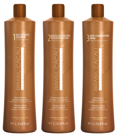 BRASIL CACAU COMBO SET - Brazilian Keratin Hair Treatment Smoothing Blowout Kit Cadiveu Brasil Cacau, 3 products 1L/33 fl.oz