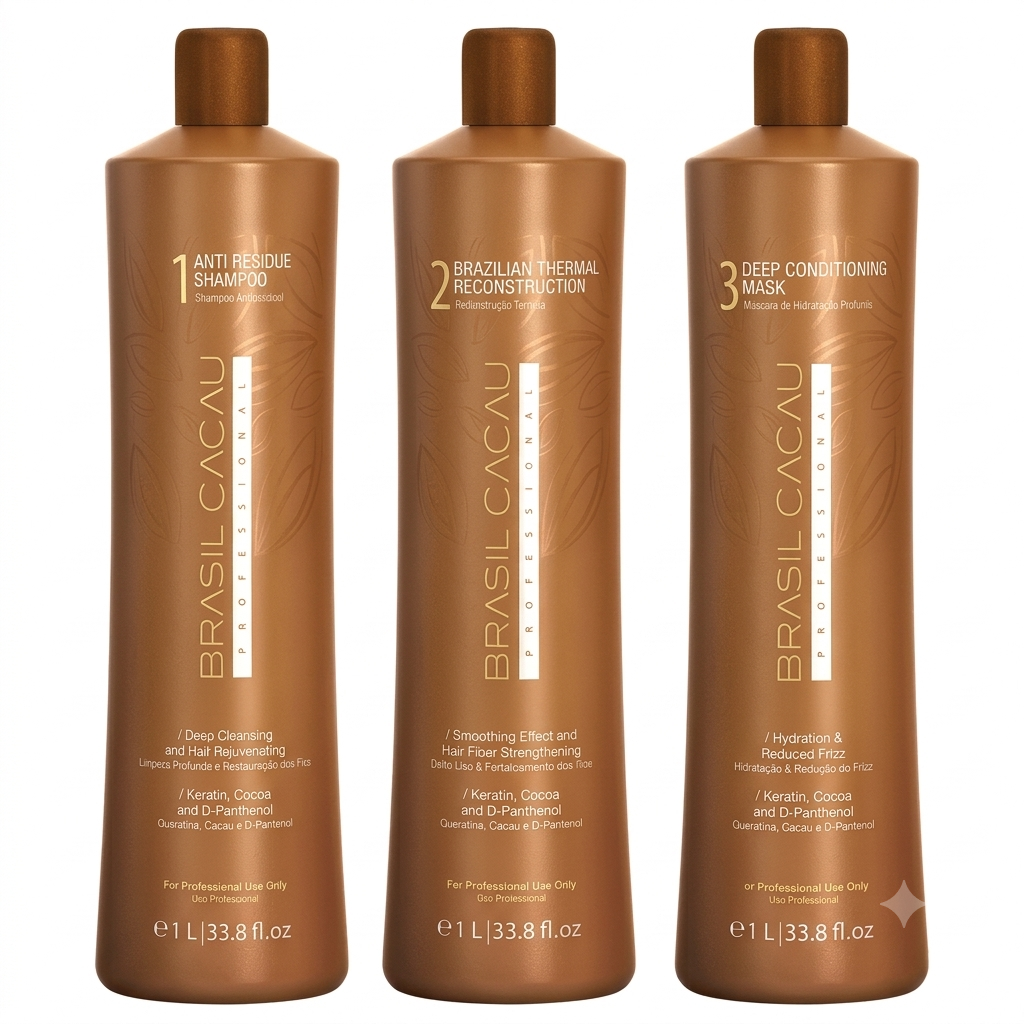 BRASIL CACAU COMBO SET - Brazilian Keratin Hair Treatment Smoothing Blowout Kit Cadiveu Brasil Cacau, 3 products 1L/33 fl.oz