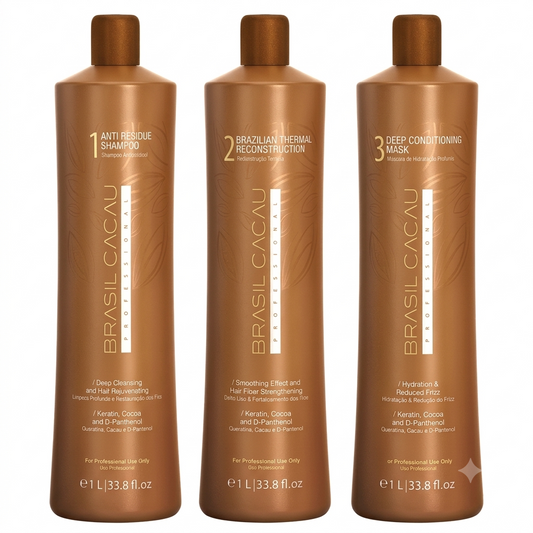 BRASIL CACAU COMBO SET - Brazilian Keratin Hair Treatment Smoothing Blowout Kit Cadiveu Brasil Cacau, 3 products 1L/33 fl.oz