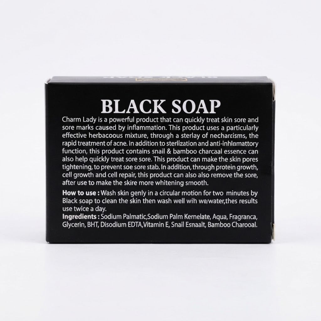 Charm Lady African Black Soap with Snail Extract & Bamboo Charcoal – Brightening Face & Body Cleanser, 100g