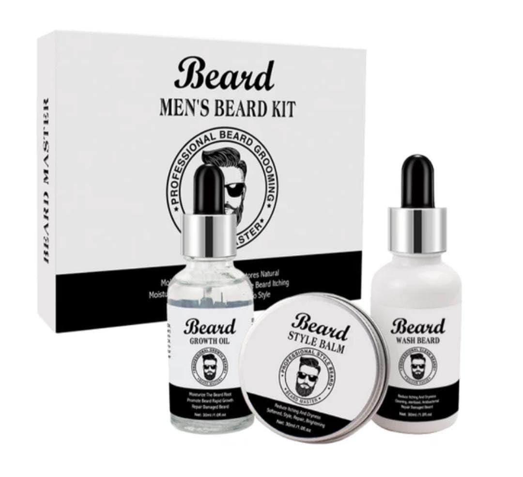 Beard Grooming Kit, 3-Piece Set with Shampoo, Growth Oil and Balm, 220g, Travel-Friendly