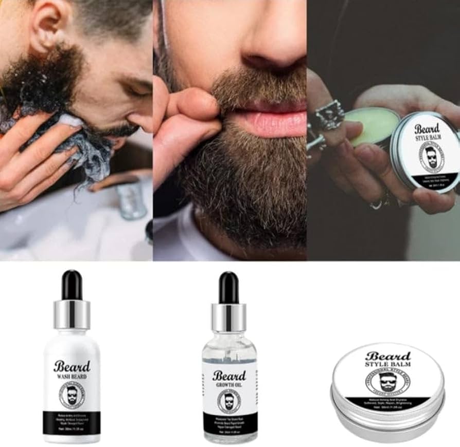 Beard Grooming Kit, 3-Piece Set with Shampoo, Growth Oil and Balm, 220g, Travel-Friendly