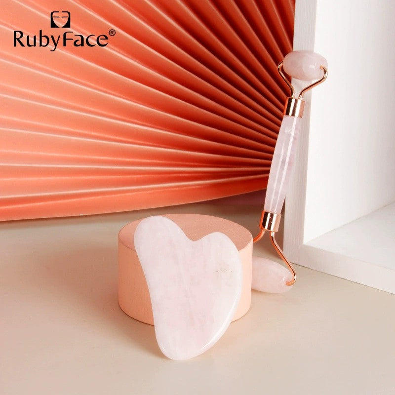 RubyFace Gua Sha Massage Kit - Jade Roller & Rose Quartz Guasha Stone Set