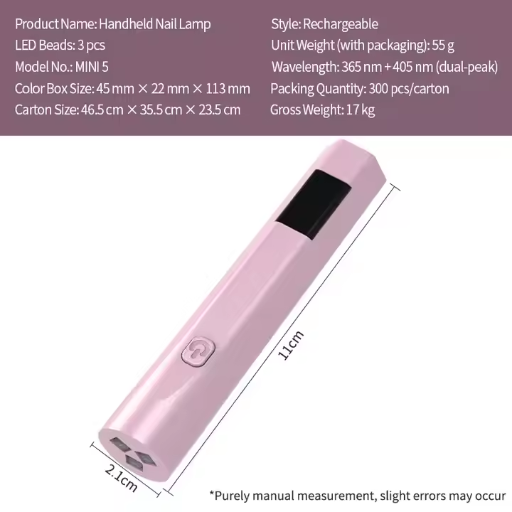 6W Mini 5 Compact and Portable Handheld DIY Rechargeable Lamp Pink Cordless ABS USB UV LED Nail Dryer