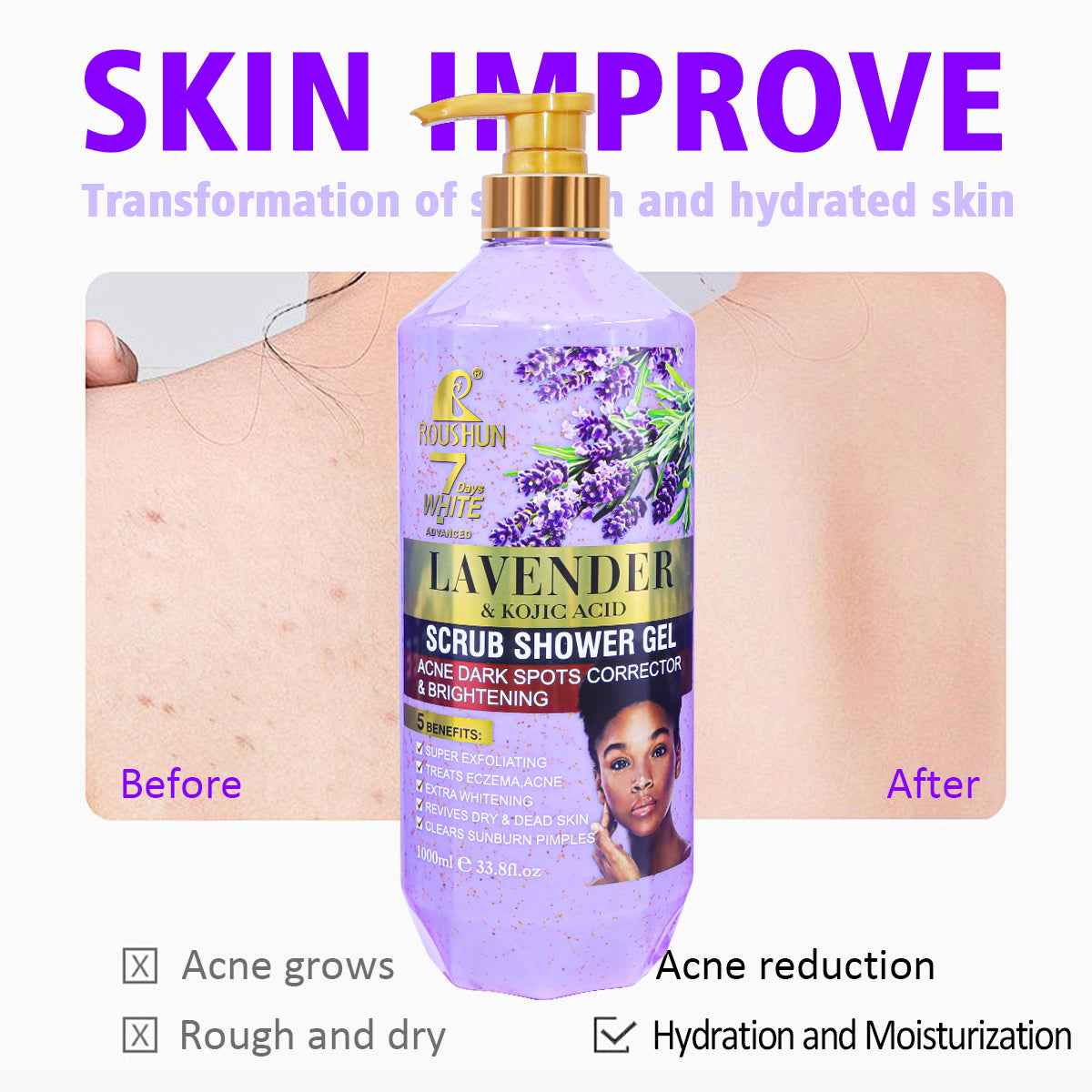 Roushun Scrub Shower Gel LAVENDER & KOJIC ACID 1000ml - RS-30816