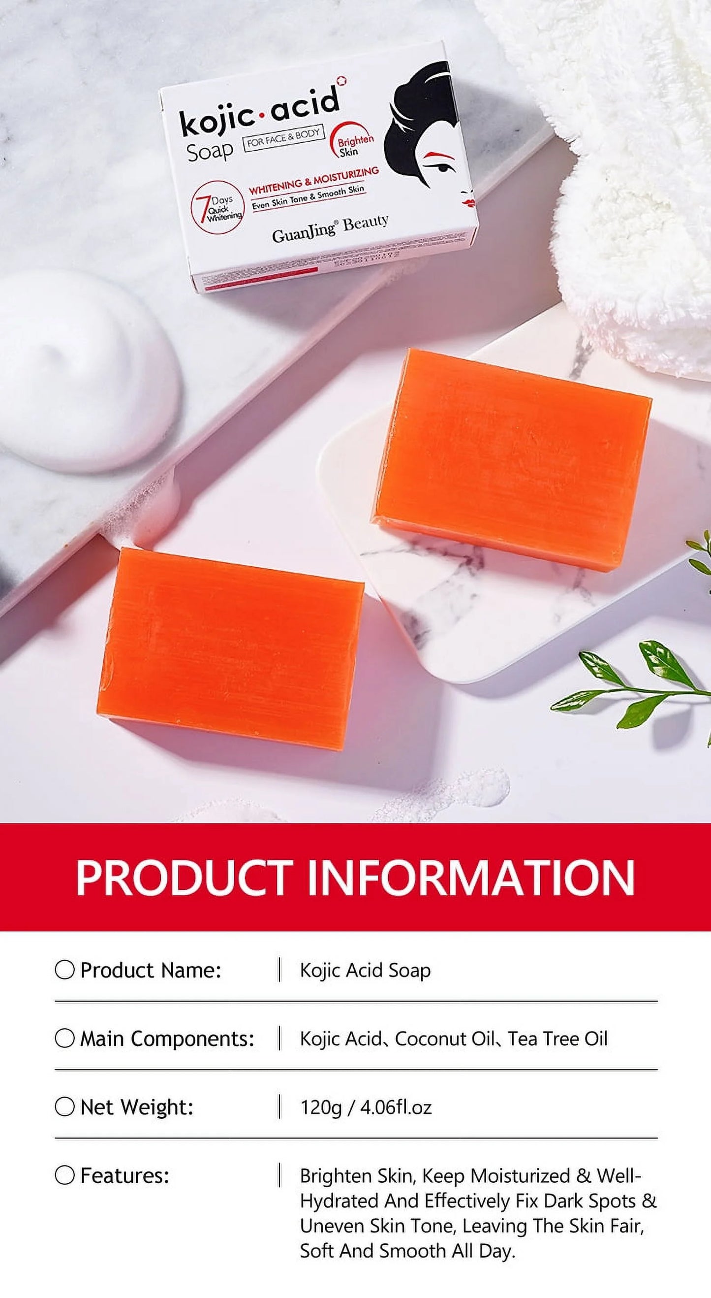 GuanJing Kojic Acid Skin Lightening Soap 120g 3-pack value sets: