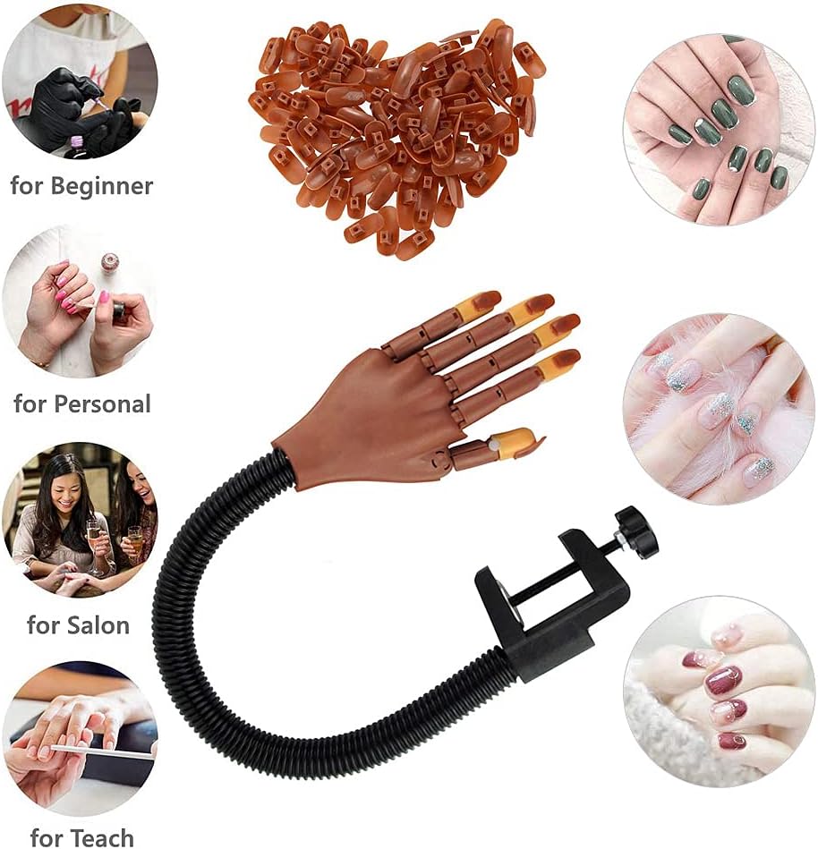 Flexible Movable Nail Training Practice Hand & 100 Nail Practice Tips