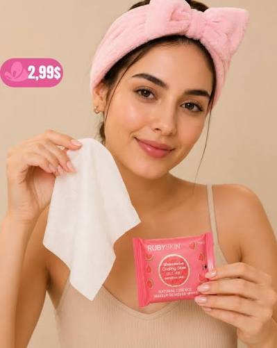 RUBYSKIN Makeup Remover Wipes Cooling Glow, Watermelon, 10 Pieces (Sensitive Skin)