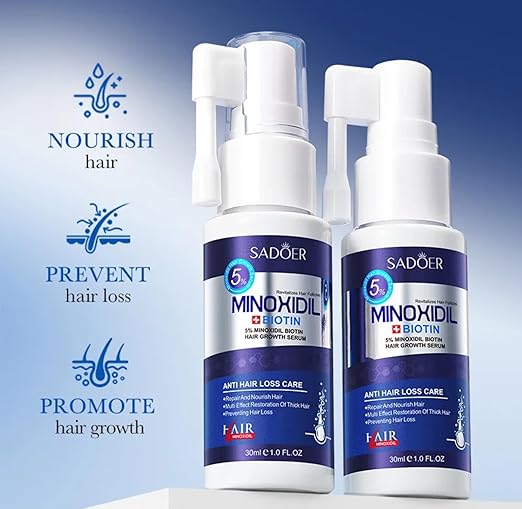 SADOER 5% Minoxidil Hair Growth Serum with Biotin, Anti Hair Loss Treatment, Fast-Absorbing Scalp Serum for Thinning Hair, 30ml