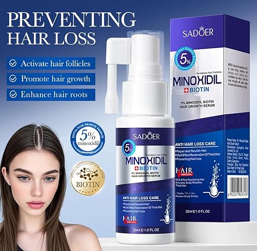 SADOER 5% Minoxidil Hair Growth Serum with Biotin, Anti Hair Loss Treatment, Fast-Absorbing Scalp Serum for Thinning Hair, 30ml