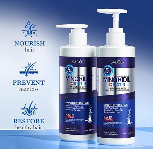 SADOER 5% Minoxidil Biotin Hair Growth Conditioner, 5% Formula with Biotin, Repair and Nourish Treatment, Prevents Hair Loss, Smooth Strong Hair, 300ml
