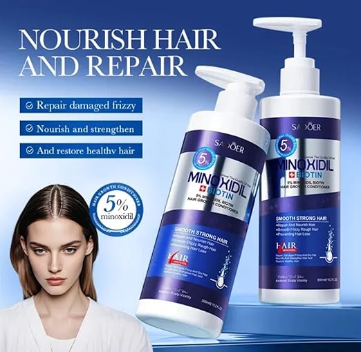 SADOER 5% Minoxidil Biotin Hair Growth Conditioner, 5% Formula with Biotin, Repair and Nourish Treatment, Prevents Hair Loss, Smooth Strong Hair, 300ml
