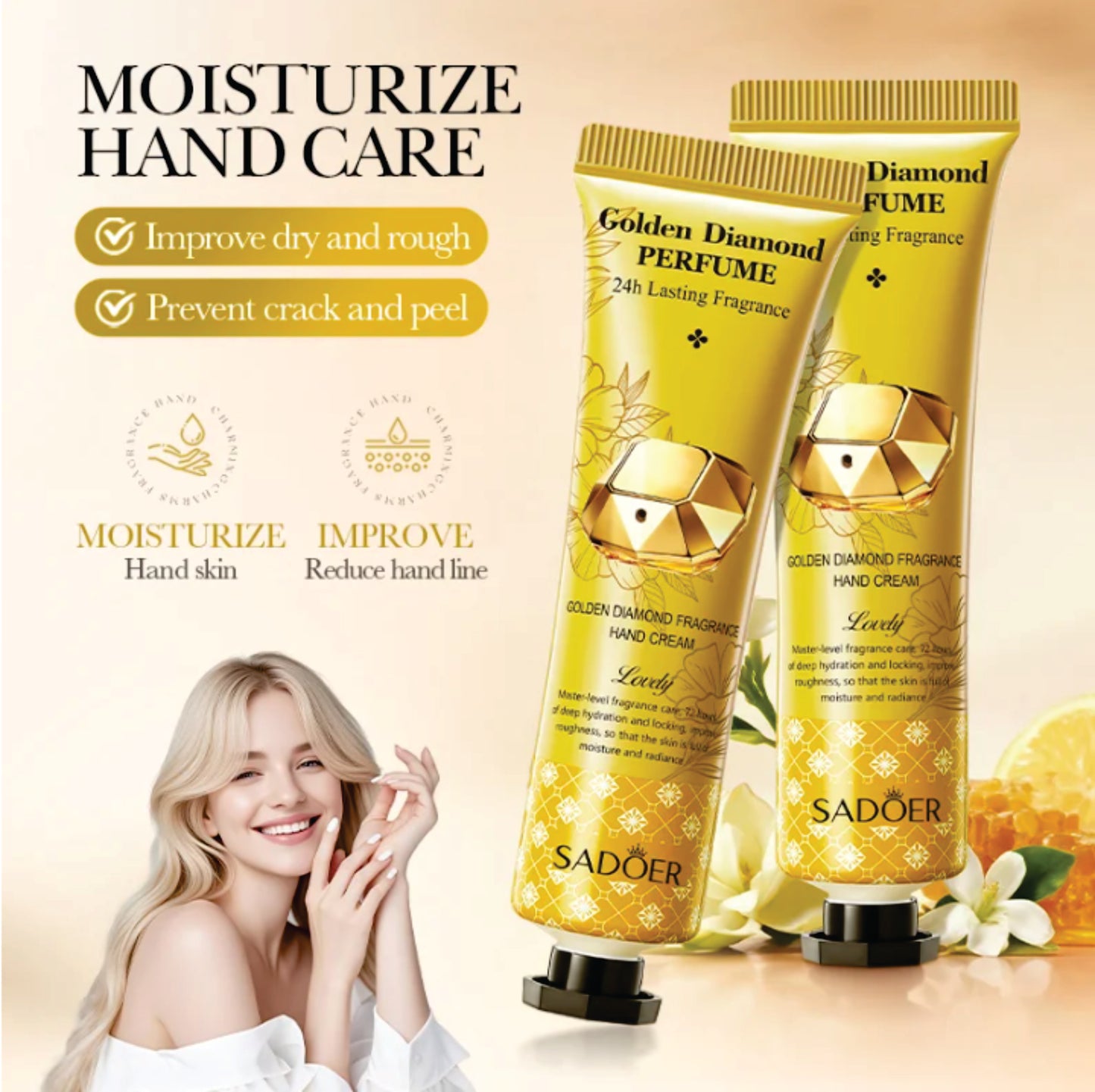 SADOER Golden Diamond Perfume Hand Cream Moisturizing Repair Dry Cracked Hands Smooth Soft Care 30g