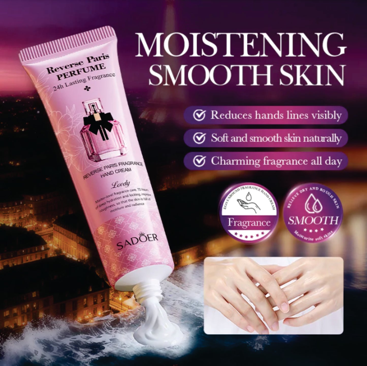 SADOER Reverse Paris Perfume Hand Cream Moisturizing Repair Dry Cracked Hands Smooth Soft Care 30g