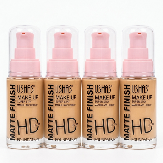 USHAS HD Ultra Foundation gives a matte, super-stay finish with buildable coverage in a lightweight liquid formula (30g net weight).