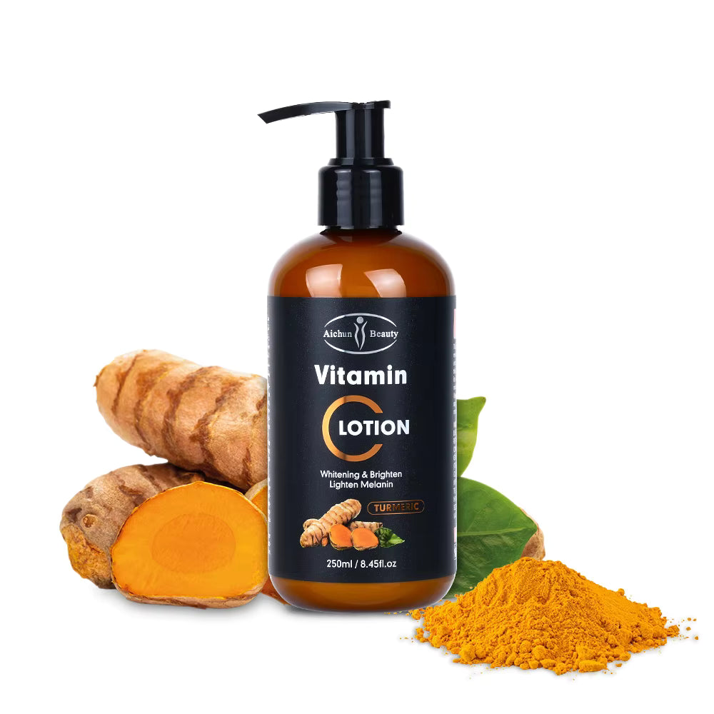 Aichun Beauty Vitamin C & Turmeric Essential Lotion (250ml) brightens and moisturizes dark skin tones for a radiant, healthy glow.