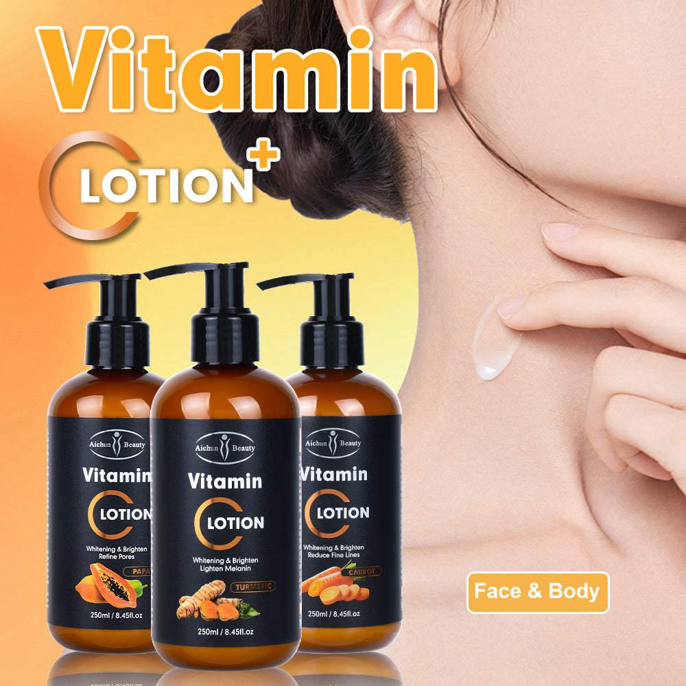 Aichun Beauty Vitamin C & Turmeric Essential Lotion (250ml) brightens and moisturizes dark skin tones for a radiant, healthy glow.