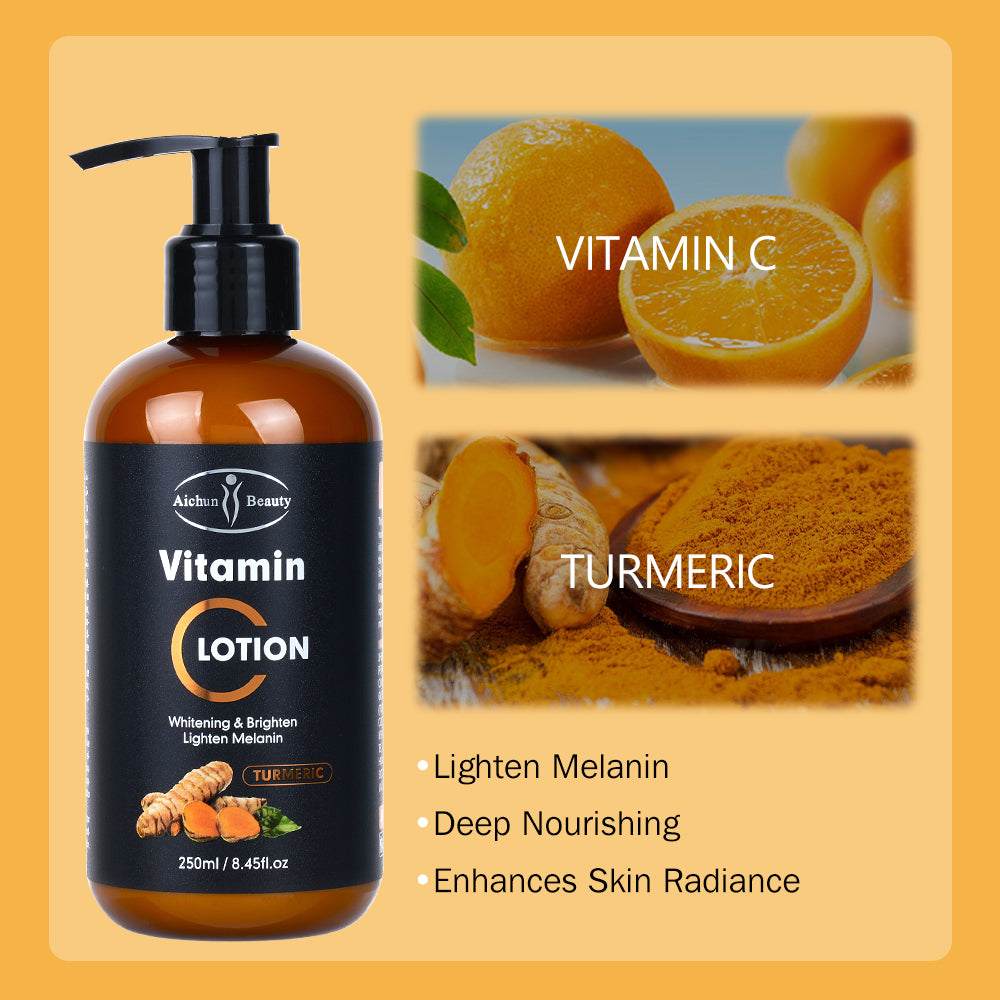 Aichun Beauty Vitamin C & Turmeric Essential Lotion (250ml) brightens and moisturizes dark skin tones for a radiant, healthy glow.