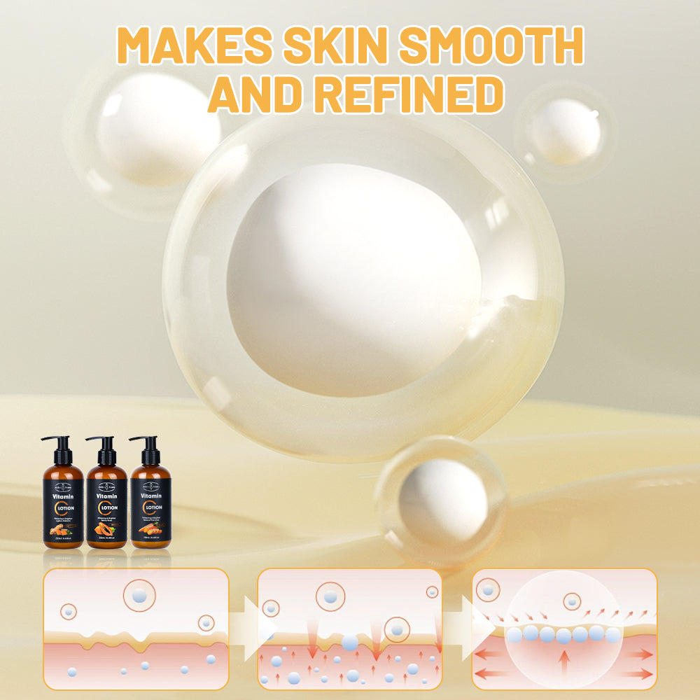 Aichun Beauty Vitamin C & Turmeric Essential Lotion (250ml) brightens and moisturizes dark skin tones for a radiant, healthy glow.