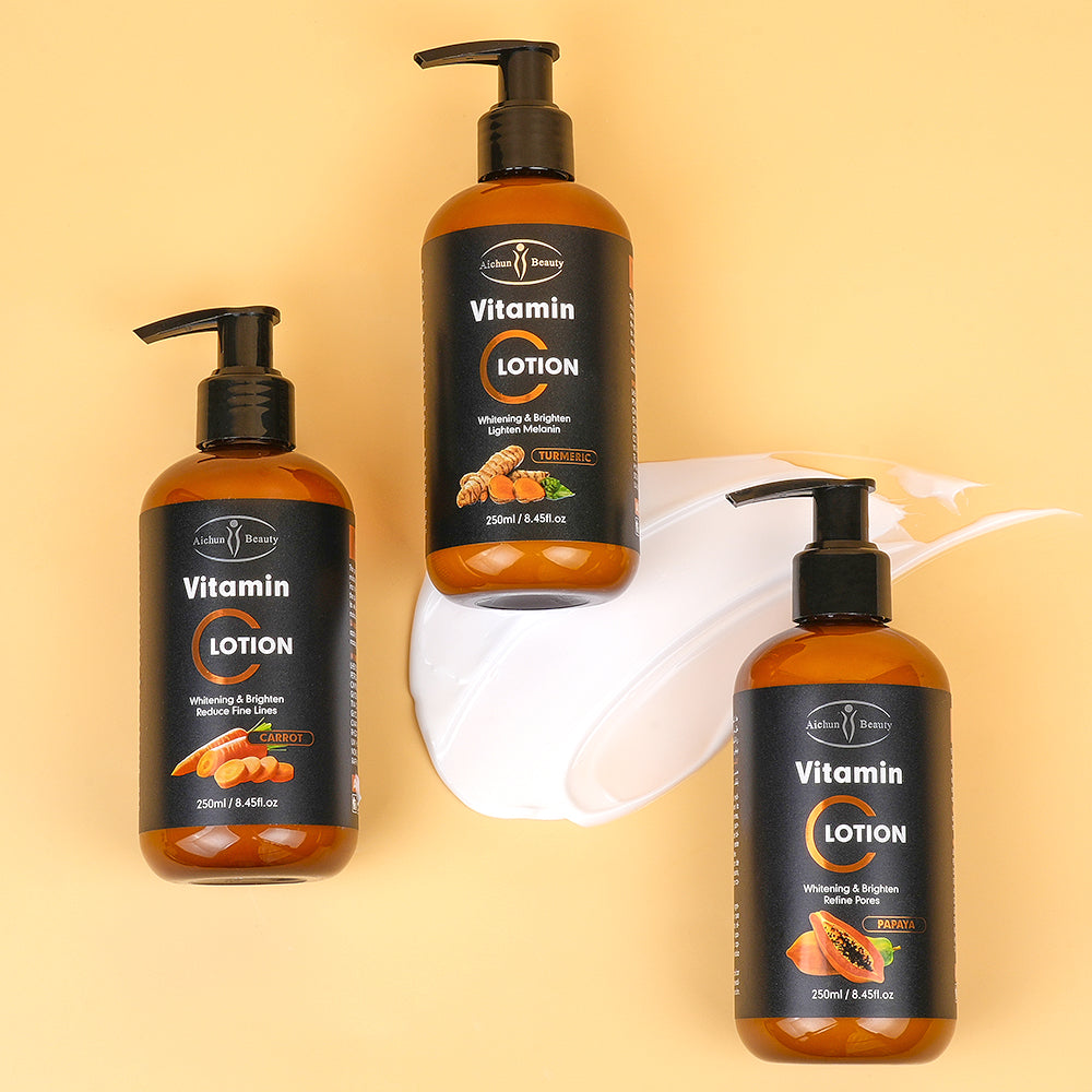 Aichun Beauty Vitamin C & Turmeric Essential Lotion (250ml) brightens and moisturizes dark skin tones for a radiant, healthy glow.