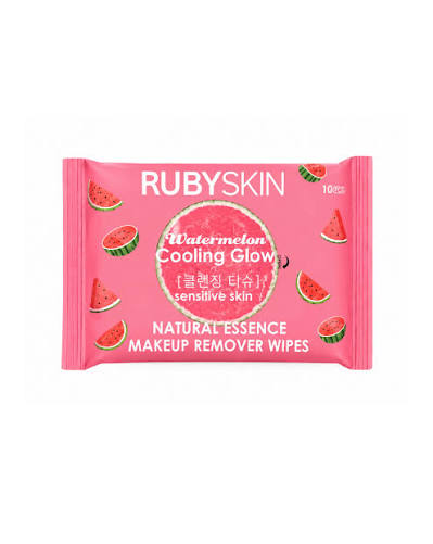RUBYSKIN Makeup Remover Wipes Cooling Glow, Watermelon, 10 Pieces (Sensitive Skin)