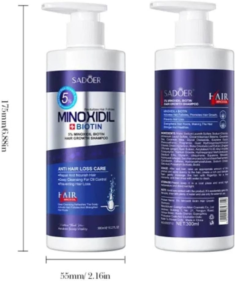 SADOER Minoxidil Biotin Hair Growth Shampoo, 5% Anti Hair Loss Treatment, Deep Cleansing Formula, 300ml